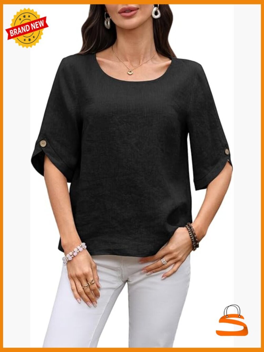 100% Linen 3/4 Sleeve Button Crewneck Blouse
